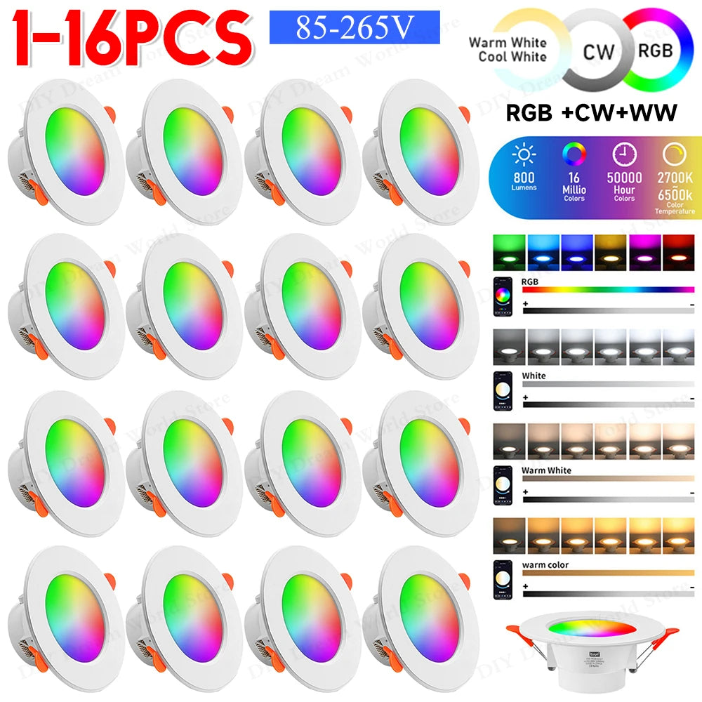 1-16PCS 10W Smart LED Downlight Bluetooth Ceiling Lamp RGB CCT Lamp APP Remote Control Color Changing light for Google Alexa Hom