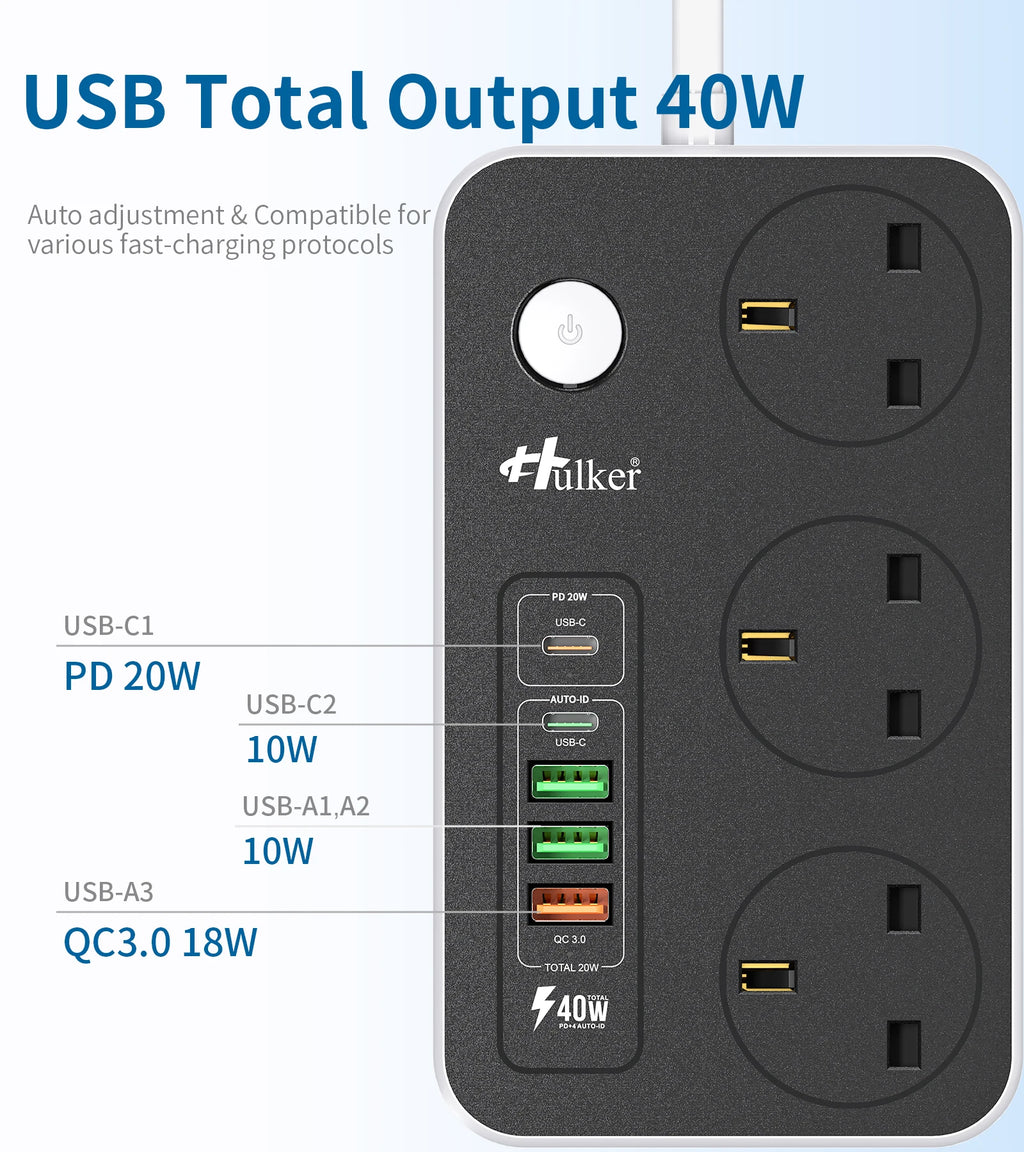 Power Strips with USB ports 3 Way Outlets 5 USB Ports Power Socket with 2M Bold Extension Cord Smart USB Charger UK Socket