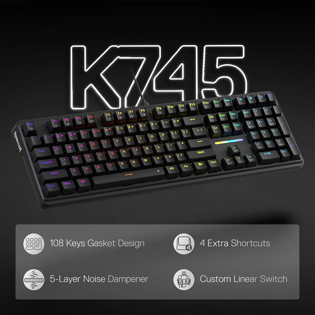 Redragon K745 Wired Gasket RGB 108 Keys Mechanical Gaming Extra 4 Hotkeys Upgraded Hot-swappable Socket Keyboard