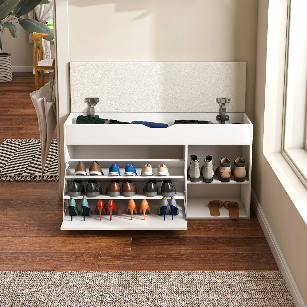 HOMEMAX Entryway Storage Bench Stool, Lift‑Top Compartment & Rotating Shoe Rack, Soft Cushion, Waterproof Scratch‑Resistant MDF, Max 400lbs Hall Bench for Home Hallway
