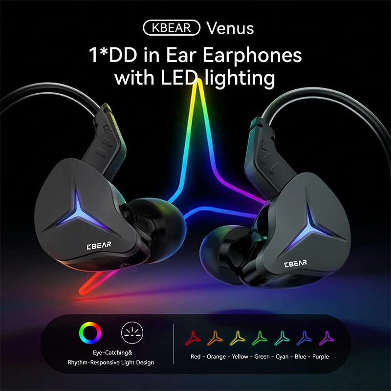 KBEAR Venus CG01 Earphones Wired In Ear Headphones With LED Lighting 10mm PU LCP Composite Dynamic Driver HIFI Sound Type C Gaming Headsets Noise Isolating Earbuds With Microphone For PC Mobile Music Gaming Daily Use