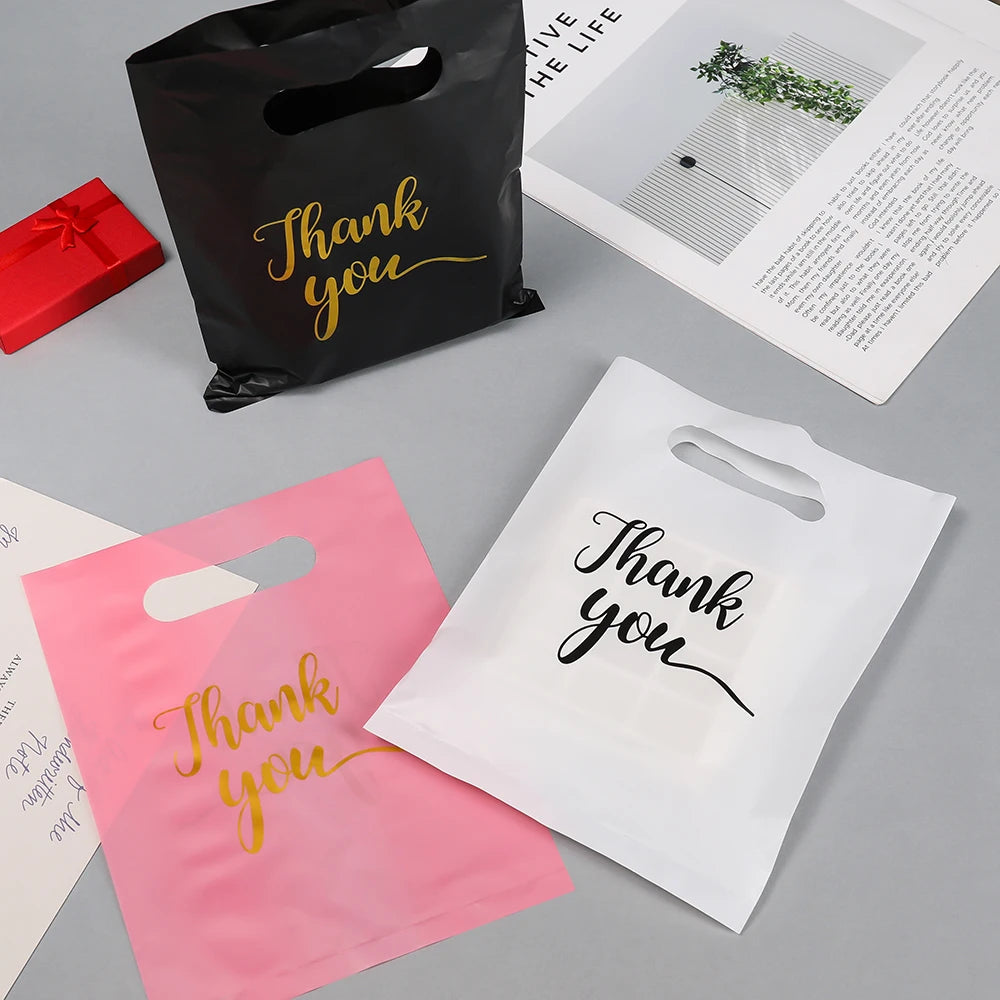 50pcs PE Shopping Bags with "Thank You" Print Foldable Plastic Bags for Gifts Jewelry Accessories Packaging Shopping Handbags