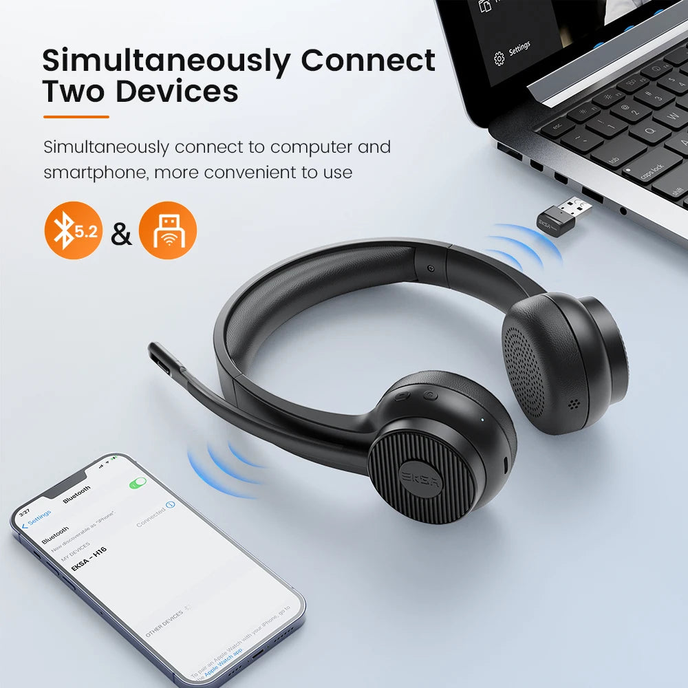 EKSA H16 Bluetooth Headset Wireless Headphones with ENC Noise Cancelling Microphone USB Dongle 35H Talk Time Multipoint Stereo Sound for PC Office Calls