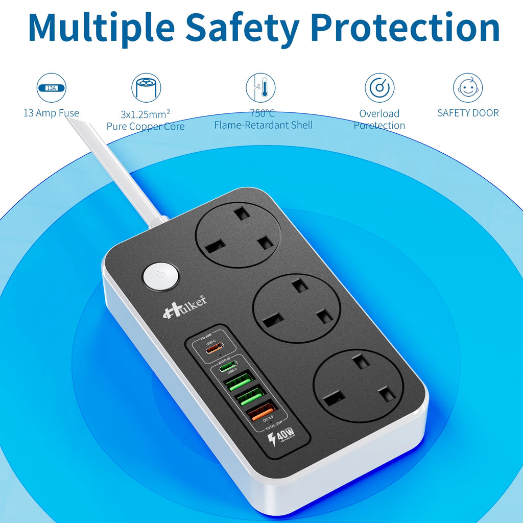 Power Strips with USB ports 3 Way Outlets 5 USB Ports Power Socket with 2M Bold Extension Cord Smart USB Charger UK Socket