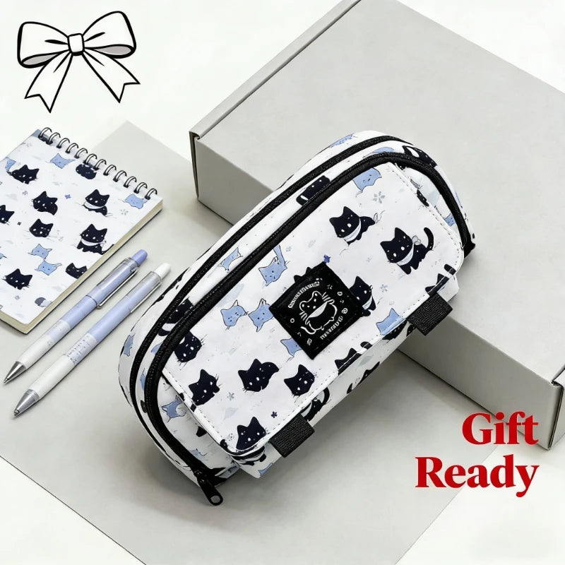 Large Capacity Pencil Case 3-Layer, Cute Snow Cat Design for School & Office, Student Stationery Tidy & Adorable Organizer