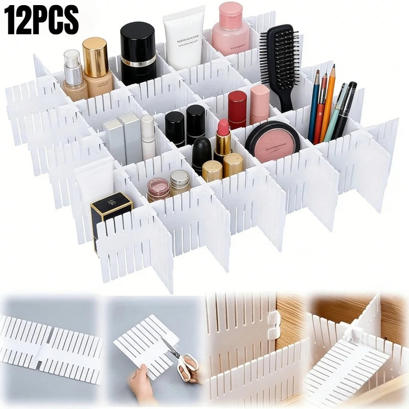 12pcs Adjustable Drawer Partitions - White, Thick PP Plastic, DIY Free Cutting, With Fixed Buckles to Prevent Tipping, Suitable for Wardrobe/Kitchen/Office, Non Slip Storage.
