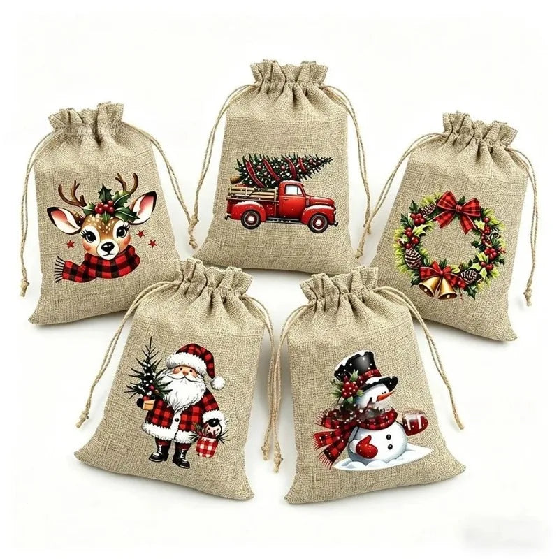 12PCS Christmas Burlap Drawstring Design Gift Bags Reusable Party Favors Gift Bags for Candy Treats Holiday Decor Gift Packaging