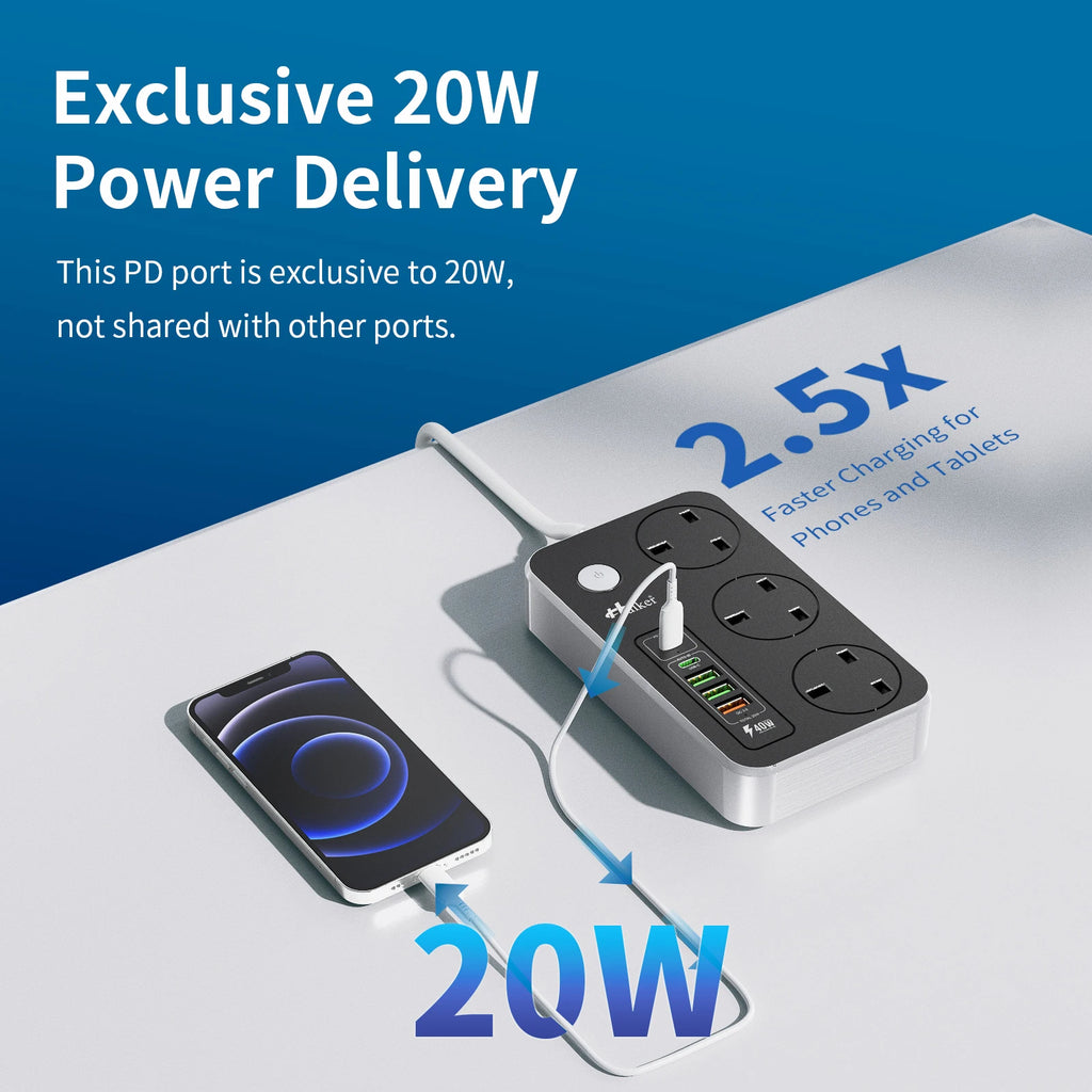 Power Strips with USB ports 3 Way Outlets 5 USB Ports Power Socket with 2M Bold Extension Cord Smart USB Charger UK Socket