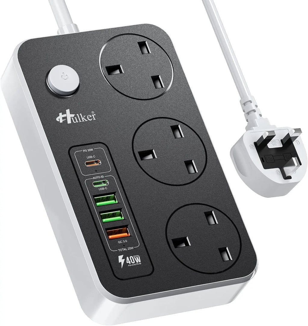 Power Strips with USB ports 3 Way Outlets 5 USB Ports Power Socket with 2M Bold Extension Cord Smart USB Charger UK Socket