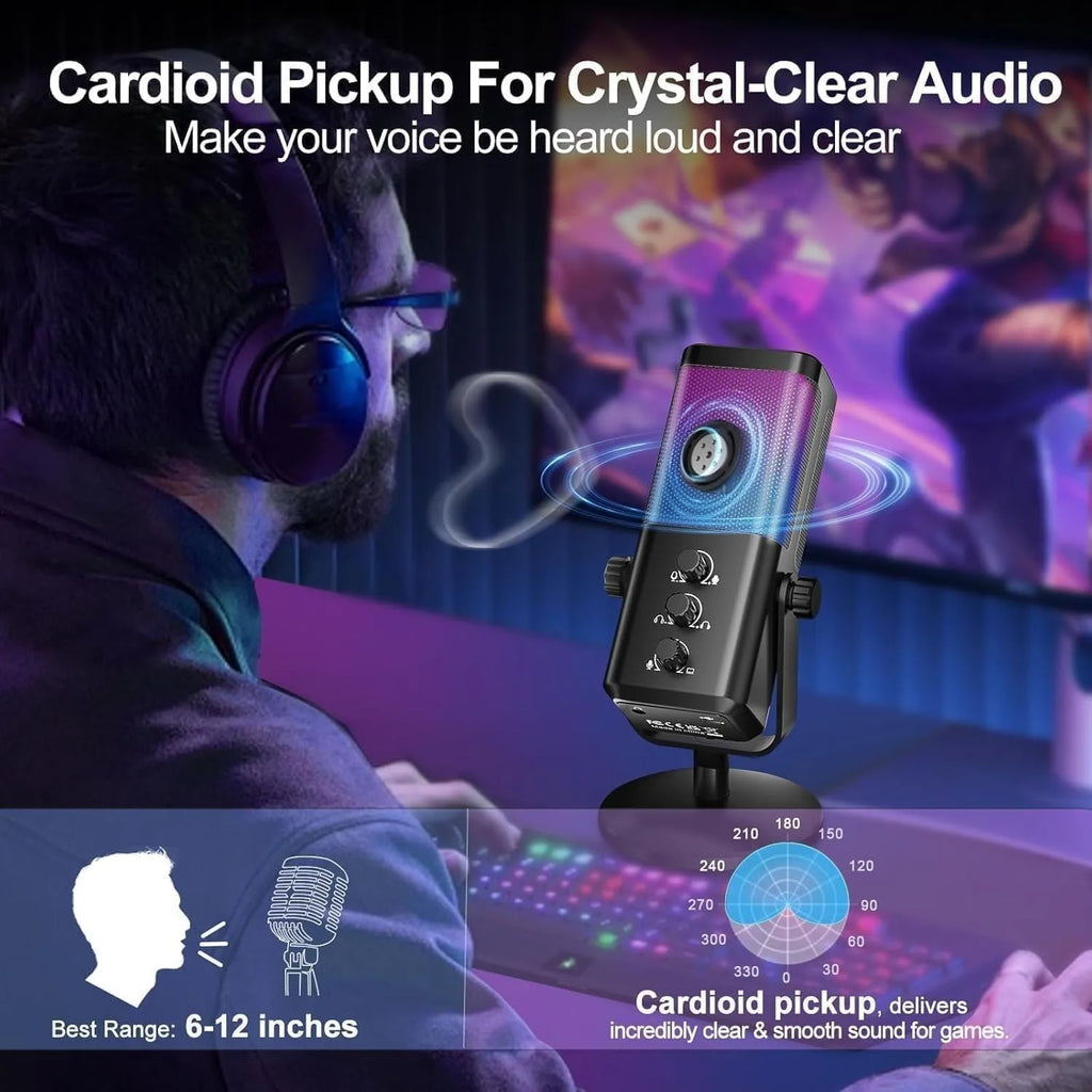 USB Gaming Microphone with Game Chat Balance,Noise Cancelling, 24bit/192kHz Computer Cardioid Condenser Mic for Streaming/Podcast/Recording with RGB,Quick Mute,Gain Knob,Monitoring-for PC/PS4/PS5/Mac