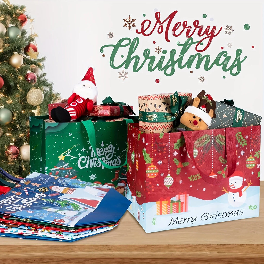 8 Pack Large Christmas Gift Bags – Non-Woven Reusable Shopping Tote, 32.5x24.9x17cm, with Handles, for Holiday Party, New Year, Gift Giving, Shopping – Durable, Foldable, Festive Patterns