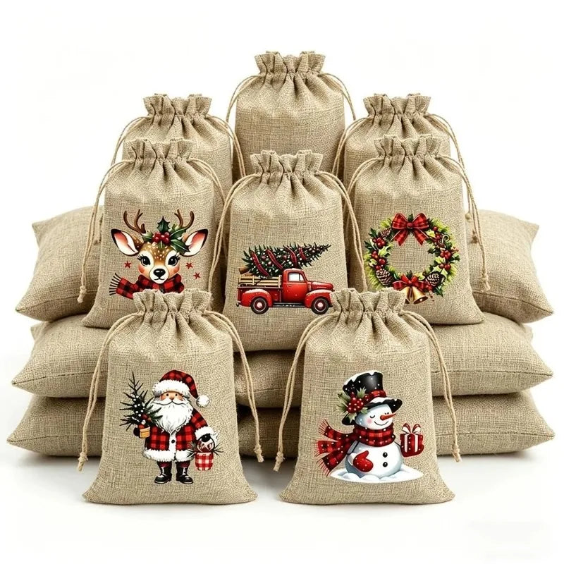 12PCS Christmas Burlap Drawstring Design Gift Bags Reusable Party Favors Gift Bags for Candy Treats Holiday Decor Gift Packaging