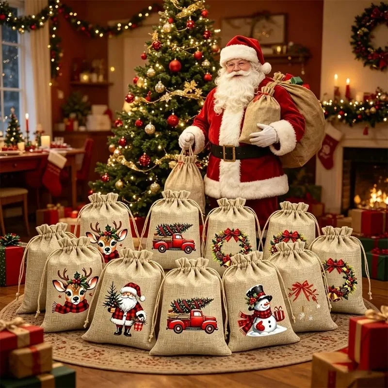 12PCS Christmas Burlap Drawstring Design Gift Bags Reusable Party Favors Gift Bags for Candy Treats Holiday Decor Gift Packaging