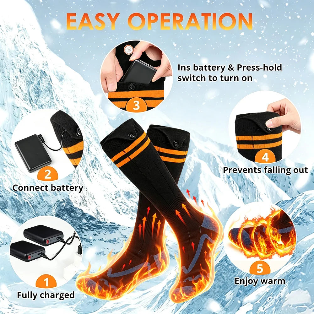 2Pcs Heated Socks, Men Women Winter Rechargeable Outdoor Sport Thermal Heated Foot Warmer, 4 Temperature Breathable 5000mAh, for Ski Hiking Road Trips Camping