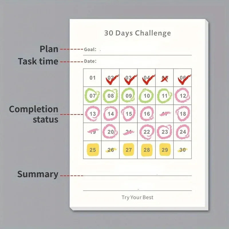 30 days challenge with 100 Sticky Notes To Cultivate Self-discipline checklist Notebook for Goal Tracking, and Sticky Notes