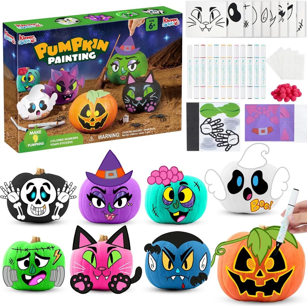 Sloosh Halloween Pumpkin Painting Kit with 9 Character Designs, Party Favor for Kids, Halloween Arts Crafts Party Supplies, Pumpkin Decorating Kit, for Classroom DIY Activities, Family Projects