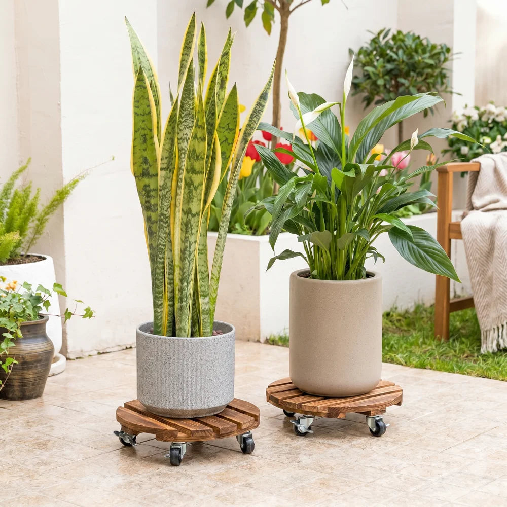 2 Pack Plant Trolley with Lockable Wheels 120kg Capacity Carbonised Timber Deck 360° Swivel Casters Dark Brown