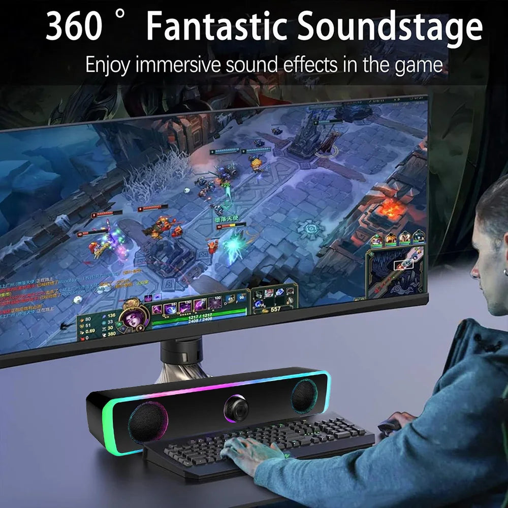 Portable RGB Desktop Soundbar, 2.0 Channel Stereo Dynamic RGB Computer Speakers Desktop Knob Control USB Powered Bluetooth Wired