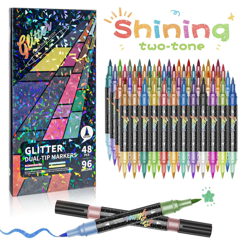 48pcs Dual-Tip Glitter Water-Based Ink Markers - Office Stationery Writing Tools with Consistent Ink Flow, High Detail, Metallic Shine, Thick Tip for Filling Large Areas, Glitter Effect for DIY Lovers, Greeting Cards