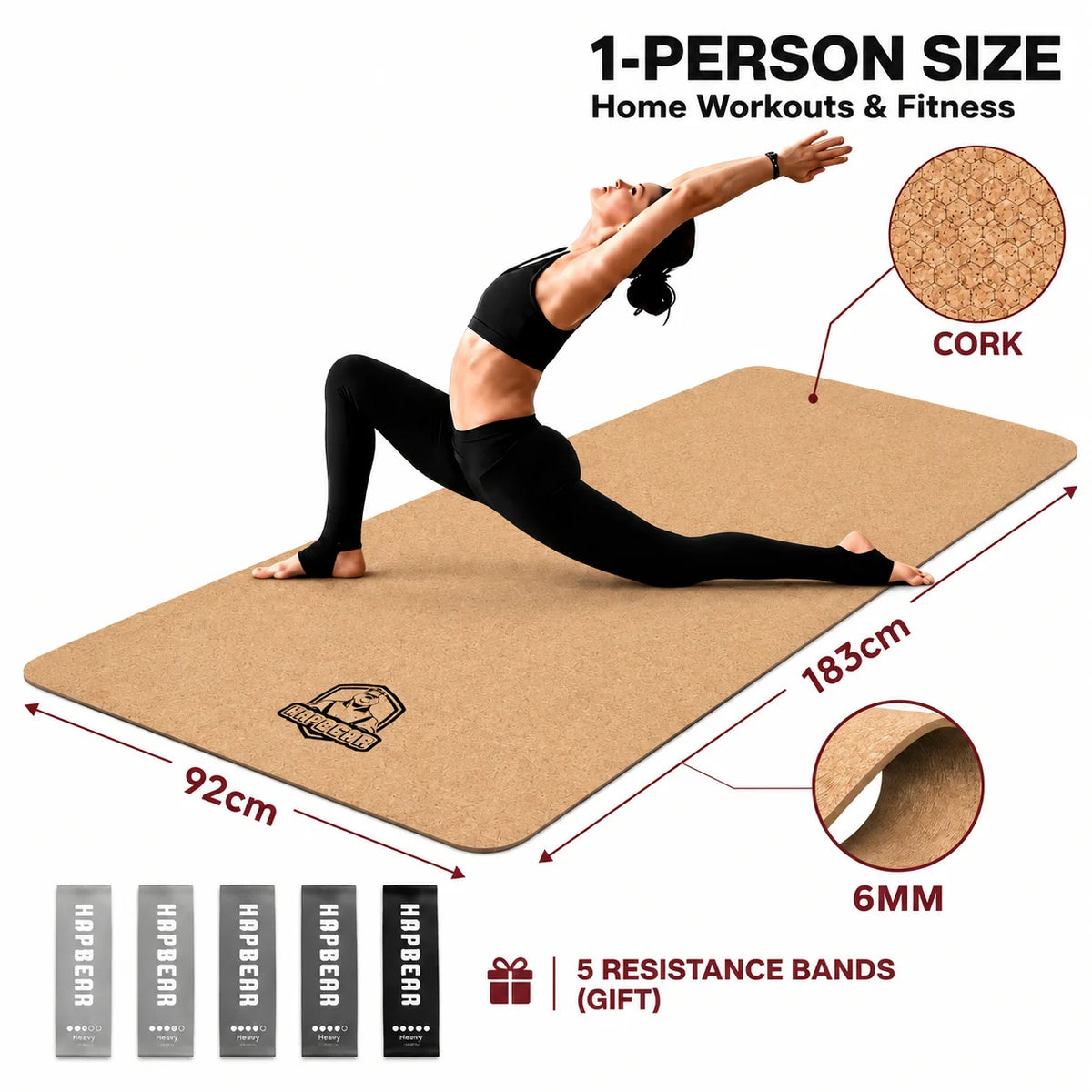HAPBEAR Cork TPE Yoga Mat, 6mm Thick 183×92CM Non-Slip Sweat-Absorbing Exercise Mat, Home Fitness Pilates Gymnastics Mat with Carry Bag & Free 5Pcs Resistance Bands