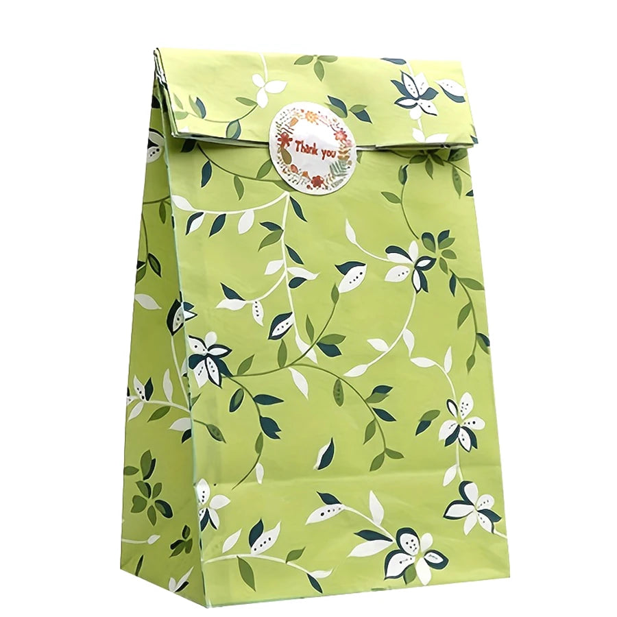 12/24PCS Plant Pattern Gift Paper Bags for Candy Cookie Bakery Kraft Paper Packaging Bags with Stickers