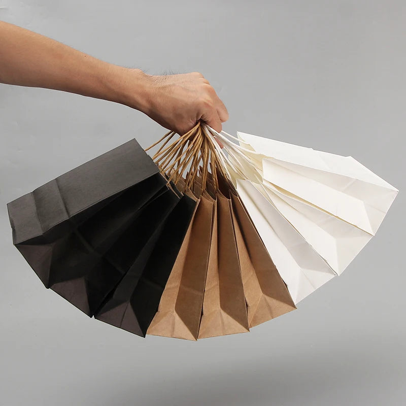 Bulk Kraft Paper Bags with Handles – Brown/White/Black, Strong Textured Handles for Retail, Grocery, Boutique, Supermarket
