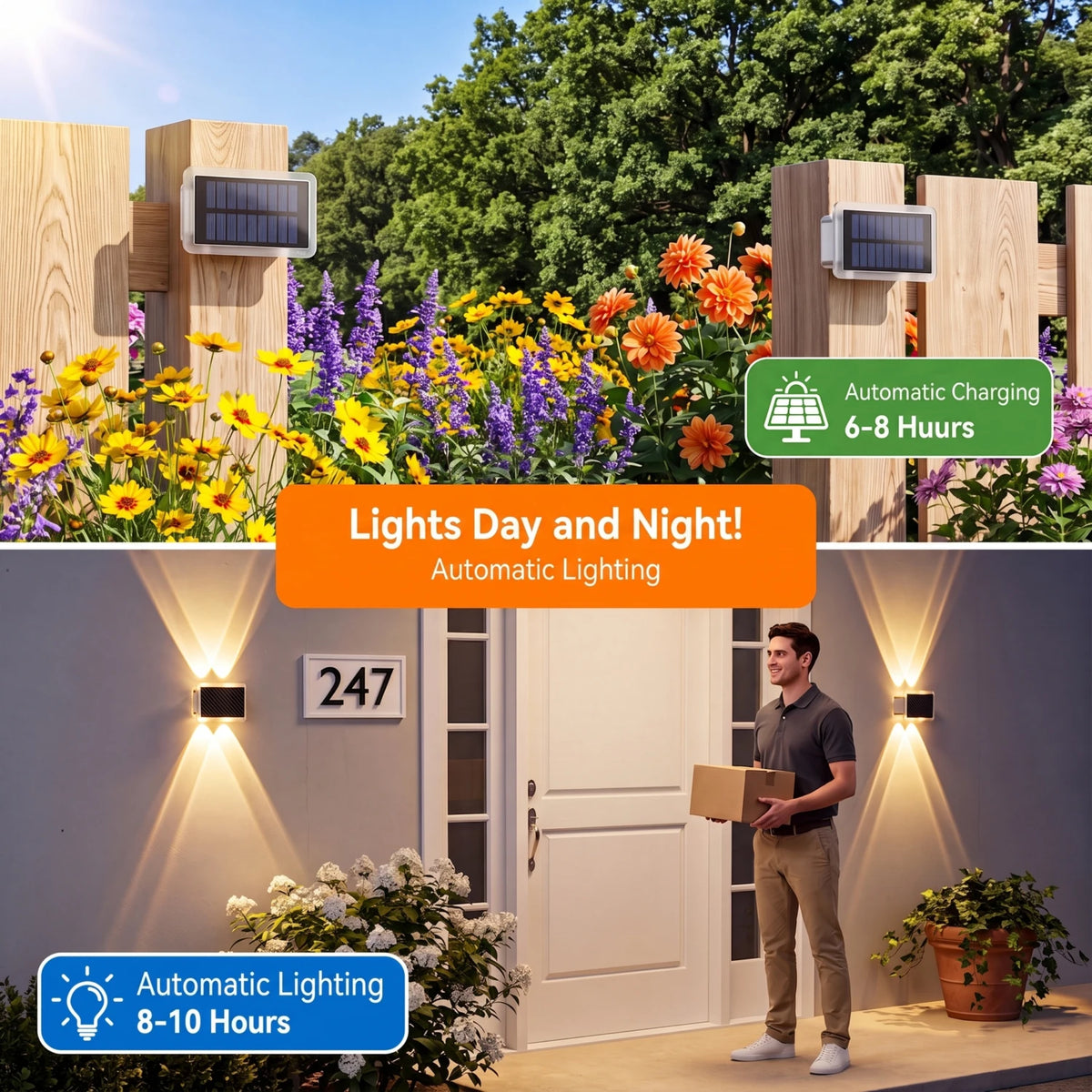 2/4er-Set RGB LED Solar Lights Fence Lights Wall Lights IP65 Waterproof Outdoor Wall Lights Lamp Top And Bottom Lights Always On For 12 Hours