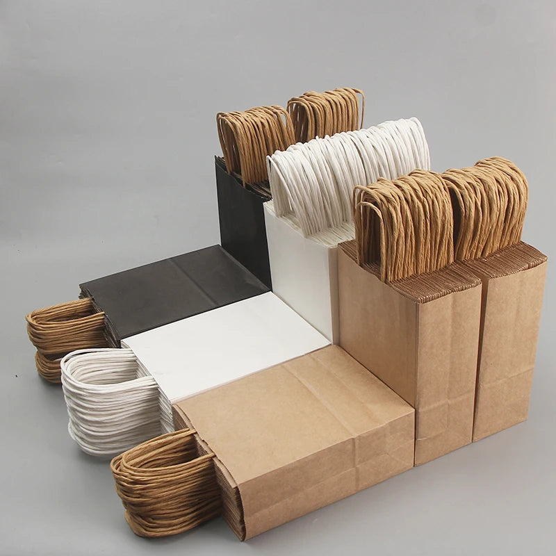 Bulk Kraft Paper Bags with Handles – Brown/White/Black, Strong Textured Handles for Retail, Grocery, Boutique, Supermarket